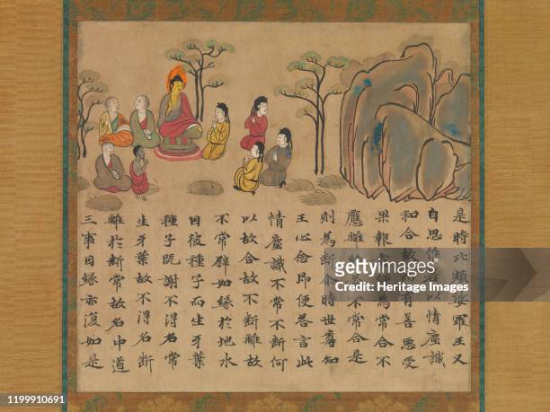 Buddha Preaching, a section from the Illustrated Sutra of Past and Present Karma , mid-8th century. Depicting the Buddha preaching in a grove of...