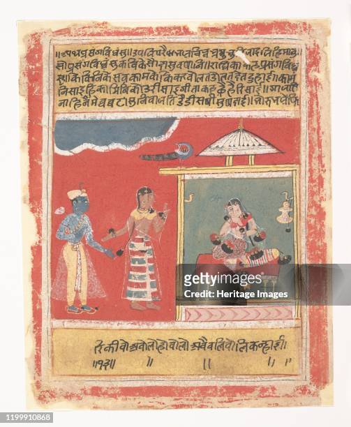 Radha's Friend Pleads with Her to Receive Krishna: Page from a Dispersed Rasikapriya, 1634. Artist Unknown.