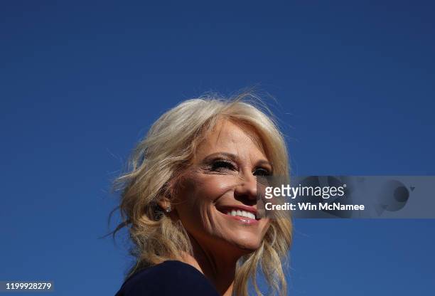 White House counselor Kellyanne Conway answers questions from reporters outside the White House on January 16, 2020 in Washington, DC. Conway...