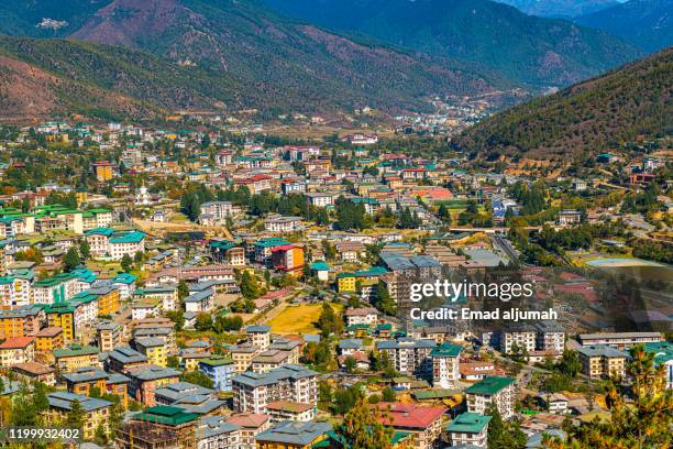 panoramic view of thimphu, bhutan - bhutan architecture stock pictures, royalty-free photos & images