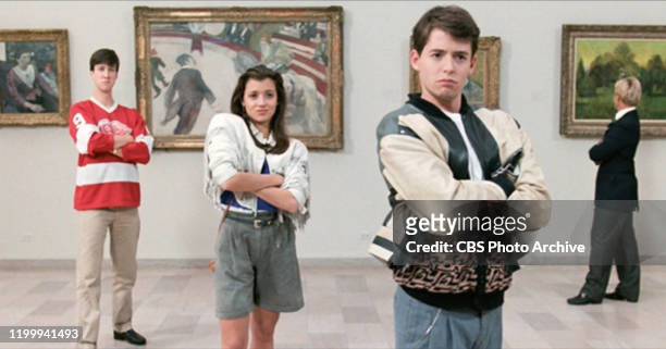 The movie "Ferris Bueller's Day Off", written and directed by John Hughes. Seen here from left, Alan Ruck as Cameron Frye, Mia Sara as Sloane...