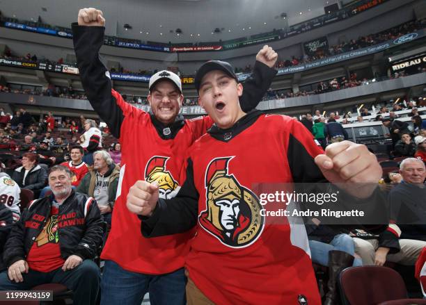 Fans of the Ottawa Senators cheer during a game against the Chicago Blackhawks at Canadian Tire Centre on January 14, 2020 in Ottawa, Ontario, Canada.