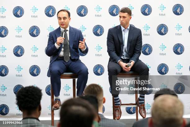 President of Basketball Operations Gersson Rosas and Head Coach Ryan Saunders of the Minnesota Timberwolves speak to the media during a press...