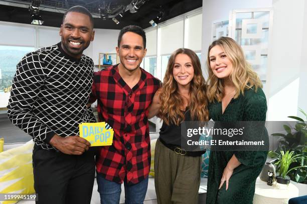 Episode 200206 -- Pictured: Daily Pop Co-Host Justin Sylvester poses for a photo with Carlos and Alexa PenaVega, along with Co-Host Carissa Culiner...