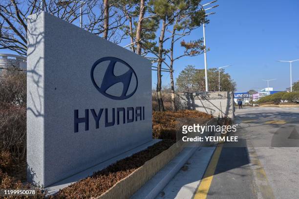 Photo taken on February 10, 2020 shows a general view of the entrance to the Hyundai Motor Asan Factory in Asan, south of Seoul. - Hyundai has had to...