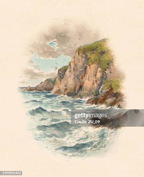steep coastal landscape, chromolithograph, published in 1899 - coastline stock illustrations