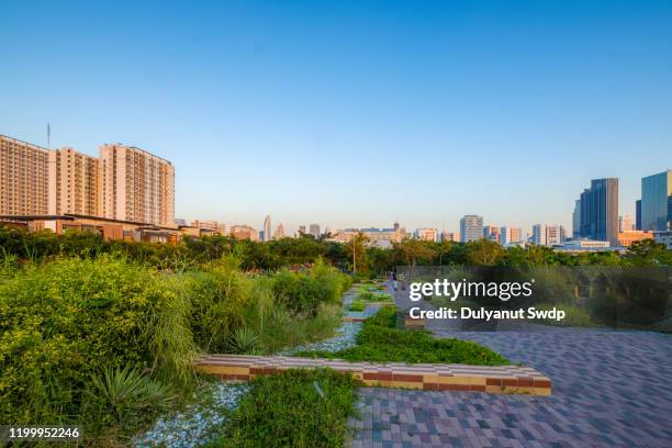 bangkok cityscape with park - modern town square stock pictures, royalty-free photos & images