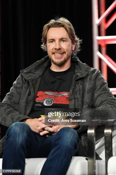 Dax Shepard of "Top Gear America" speaks during the Discovery MotorTrend segment of the 2020 Winter TCA Press Tour at The Langham Huntington,...