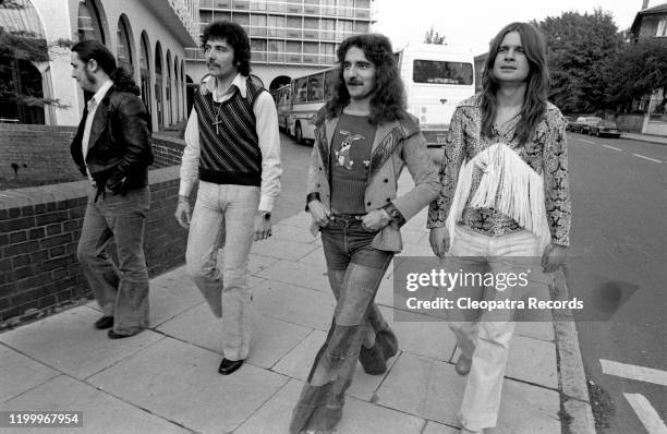 British heavy metal band Black Sabbath L-R Bill Ward, Tony Iommi, Geezer Butler, and Ozzy Osbourne pose for a portrait in 1975 in London, UK.