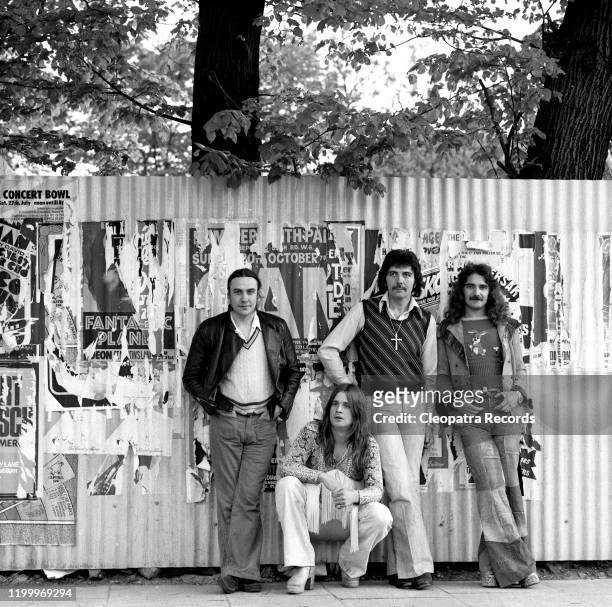 British heavy metal band Black Sabbath L-R Bill Ward, Ozzy Osbourne, Tony Iommi, and Geezer Butler pose for a portrait in 1975 in London, UK.