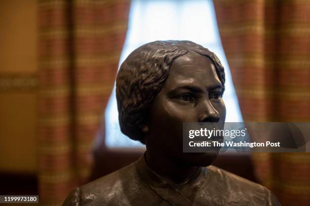 New bronze statues of Harriet Tubman and Frederick Douglass were installed and unveiled at the Maryland State House in Annapolis, Maryland on...