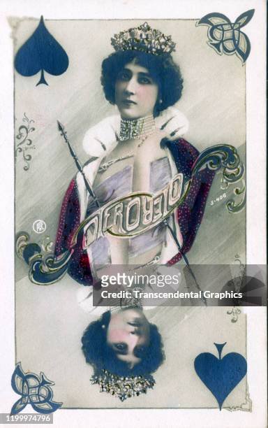 Postcard depicts Spanish actress Carolina Otero , as the Queen of Spades on a playing card, Paris, France, 1910.