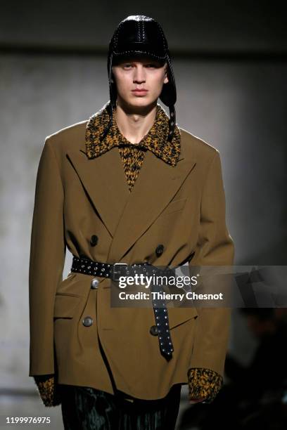 Model walks the runway during the Dries Van Noten Menswear Fall/Winter 2020-2021 show as part of Paris Fashion Week on January 16, 2020 in Paris,...