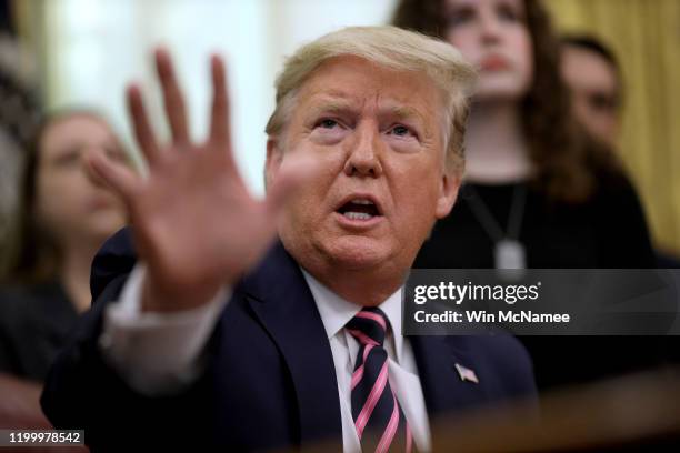 President Donald Trump speaks during an event in the Oval Office announcing guidance on constitutional prayer in public schools on January 16, 2020...