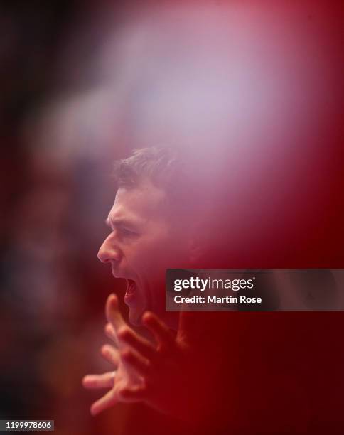 Head coach Christian Prokop of Germany reacts during the Men's EHF EURO 2020 main round group I match between Belarus and Germany at Wiener...