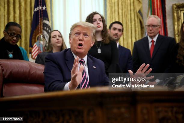 President Donald Trump speaks during an event in the Oval Office announcing guidance on constitutional prayer in public schools on January 16, 2020...