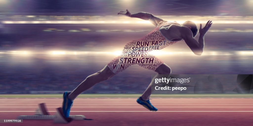 Sprinter Bursting From Starting Blocks With Motivational Word Cloud Body