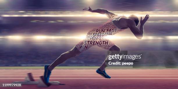 sprinter bursting from starting blocks with motivational word cloud body - word cloud stock pictures, royalty-free photos & images