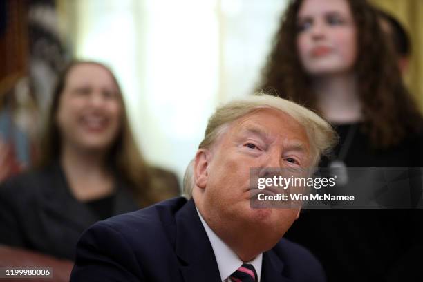 President Donald Trump speaks during an event in the Oval Office announcing guidance on constitutional prayer in public schools on January 16, 2020...