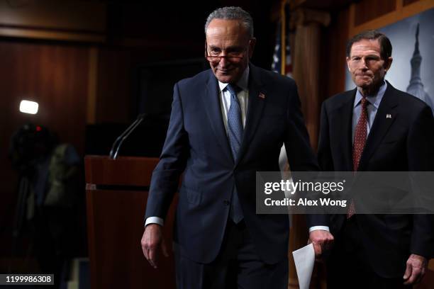 Senate Minority Leader Sen. Chuck Schumer and Sen. Richard Blumenthal leave after a news conference at the U.S. Capitol January 16, 2020 in...