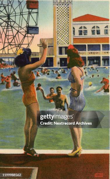 Vintage souvenir color postcard published in 1944 by Hambro Novelty Co depicts historic Coney Island Beach and Boardwalk, Brooklyn, New York City....