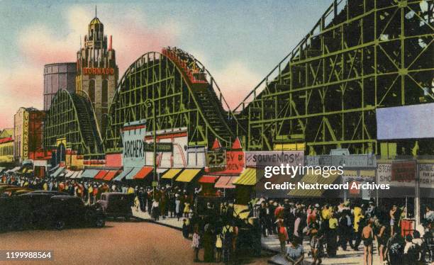 Vintage souvenir color postcard published in 1944 by Hambro Novelty Co depicts historic Coney Island Beach and Boardwalk, Brooklyn, New York City....