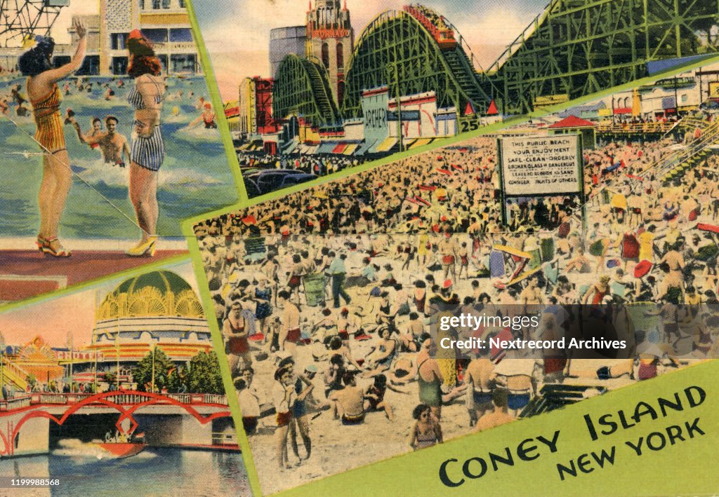 Vintage souvenir postcard, Crowds at Coney Island Beach and Boardwalk, Brooklyn, New York City, 1944