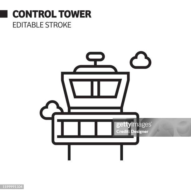 ilustrações, clipart, desenhos animados e ícones de ícone da linha da torre do controle do aeroporto, ilustração do símbolo do vetor do esboço. pixel perfeito, curso editável. - operador de controle de tráfico aéreo