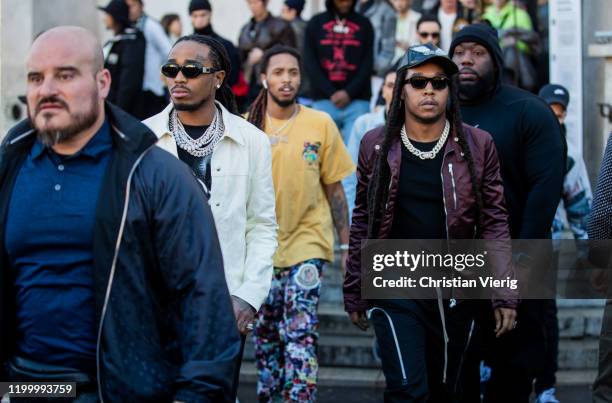 Quavo and Takeoff of Migos are seen outside Rick Owens during Paris Fashion Week - Menswear F/W 2020-2021 on January 16, 2020 in Paris, France.
