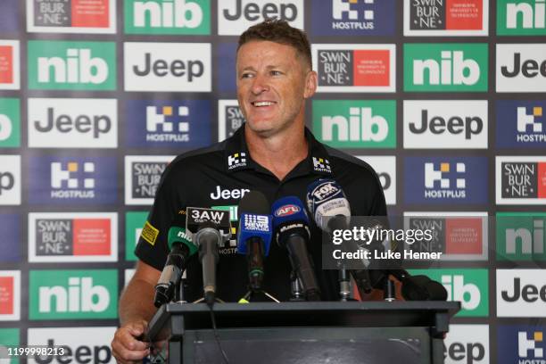 Damien Hardwick coach of Richmond speaks at a press conference during a Richmond Tigers AFL training session at Punt Road Oval on January 17, 2020 in...