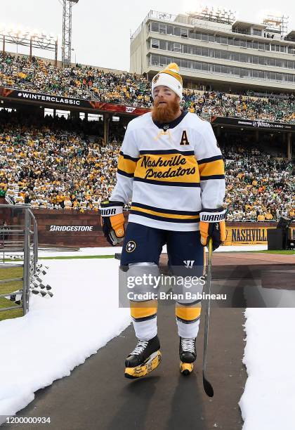 Ryan Ellis of the Nashville Predators walks back to the locker room after warm-up prior to the 2020 NHL Winter Classic between the Nashville...