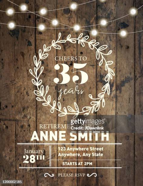 retirement party invitation design template with hand drawn wreath and wooden background with string lights - retirement invitation stock illustrations