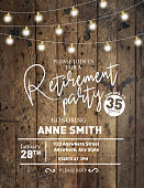 Retirement party invitation design template on wooden background with string lights
