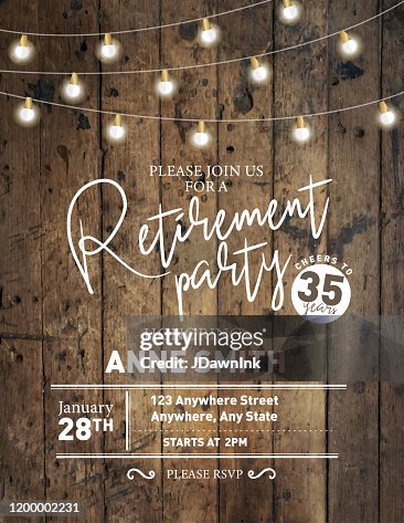 Retirement party invitation design template on wooden background with string lights Retirement party invitation design template on wooden background with string lights