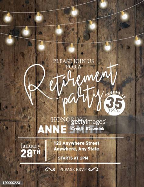 retirement party invitation design template on wooden background with string lights - rustiek stock illustrations