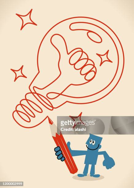blue man drawing an idea light bulb with thumbs up shaped tungsten by red pencil - red light bulb stock illustrations