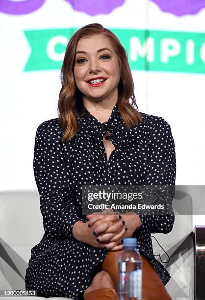 Alyson Hannigan of 'Girl Scout Cookie Championship' speaks onstage during the Food Network portion of the Discovery, Inc. TCA Winter Panel 2020 at...