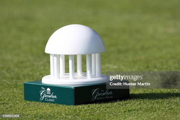Tee marker sits on the 18th tee box during the first round of The Greenbrier Classic at The Old White TPC on July 28, 2011 in White Sulphur Springs,...