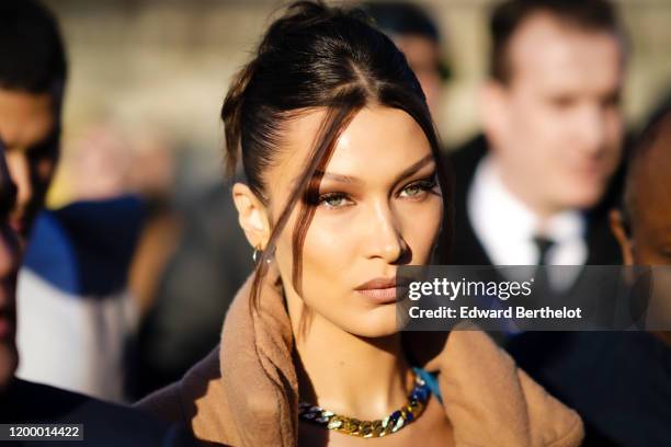 Bella Hadid is seen, outside Vuitton, during Paris Fashion Week - Menswear Fall / Winter 2020-2021 on January 16, 2020 in Paris, France.