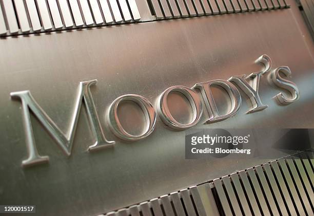 The Moody's Investors Service Inc. Logo is displayed outside of the company's headquarters in New York, U.S., on Thursday, July 28, 2011. Moody's...