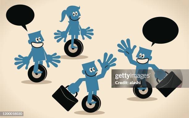 blue people riding motorwheel (hoverboard, electric scooters) - 4 wheel motorbike stock illustrations