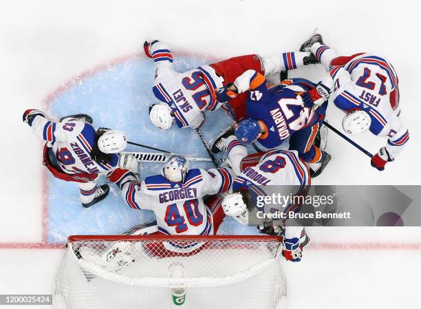 Leo Komarov of the New York Islanders is stopped by the New York Rangers at NYCB Live's Nassau Coliseum on January 16, 2020 in Uniondale, New York....