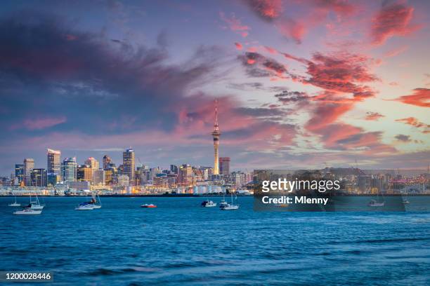 auckland cityscape new zealand colorful sunset twilight - auckland stock pictures, royalty-free photos & images
