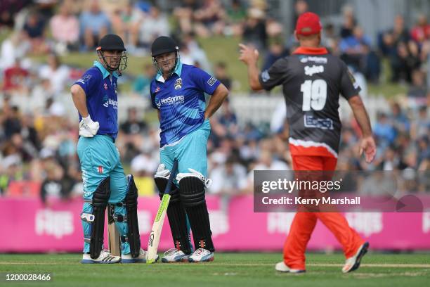 Matthew Sinclair and Nathan Astle from team cricket during the T20 Black Clash at McLean Park on January 17, 2020 in Napier, New Zealand.