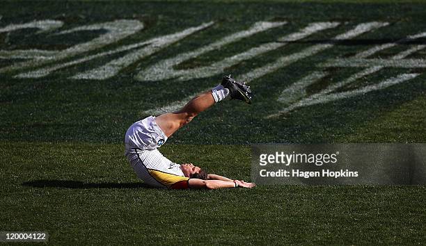 Morne Steyn stretches during the South African Springboks Captain's Run at Westpac Stadium on July 29, 2011 in Wellington, New Zealand.