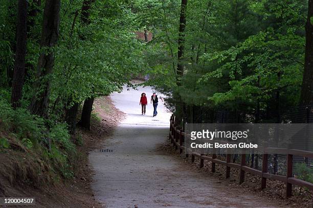 Jill McManus of Gloucester and John Daley of Chelmsford enjoy the solitude and tranquility of a pathway at Walden Pond, before the warmer weather and...