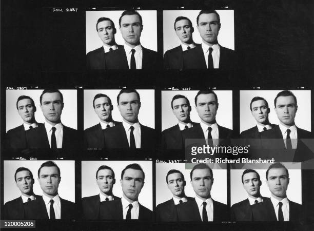 Contact sheet of portraits of Martin Kemp and his brother Gary as British gangsters Reggie and Ronnie Kray, respectively in 'The Krays', directed by...