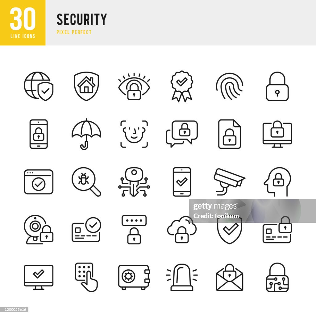 Security - thin line vector icon set. Pixel perfect. The set contains icons: Security, Fingerprint, Biometrics, Digital Key, Facial Recognition Technology, Alarm, Spam, Security Camera, Scanning, Home Security, Certificate, Application Form, Internet Secu