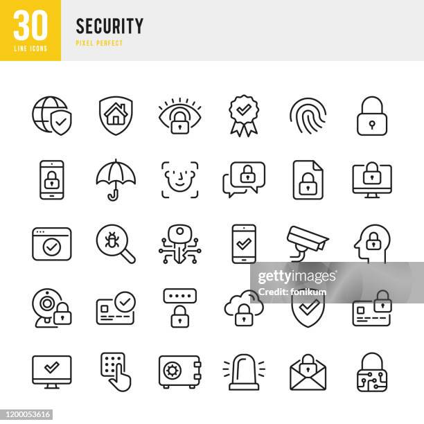 security - thin line vector icon set. pixel perfect. the set contains icons: security, fingerprint, biometrics, digital key, facial recognition technology, alarm, spam, security camera, scanning, home security, certificate, application form, internet secu - security camera stock illustrations