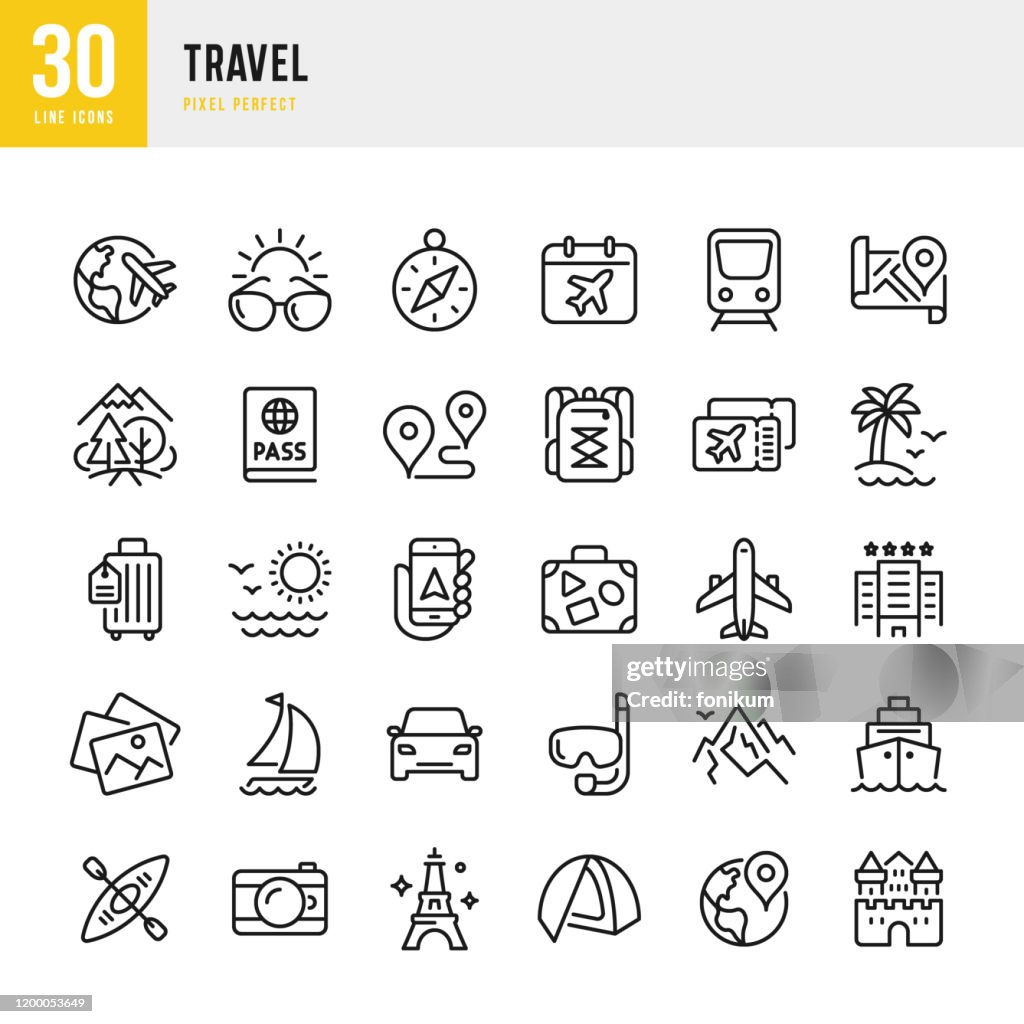 Viaggio - set di icone vettoriali a linea sottile. Pixel perfetto. Il set contiene icone: Turismo, Viaggi, Aereo, Spiaggia, Montagne, Bussola di navigazione, Palma, Yacht, Passaporto, Immersioni, Nave da Crociera, Kayak, Escursionismo.